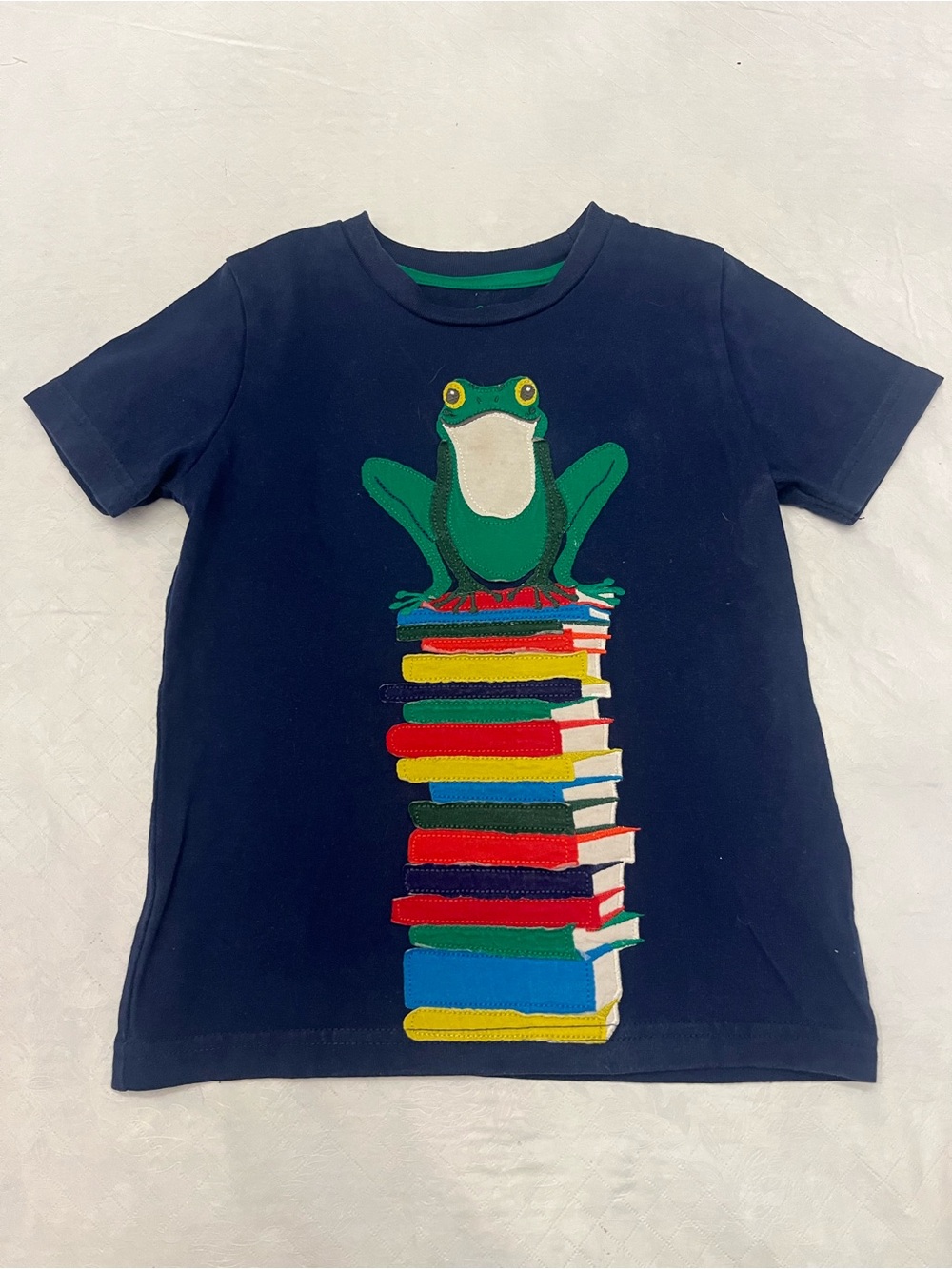 Mini Boden Navy Tee with Green Frog and Multi-Color Book Stack